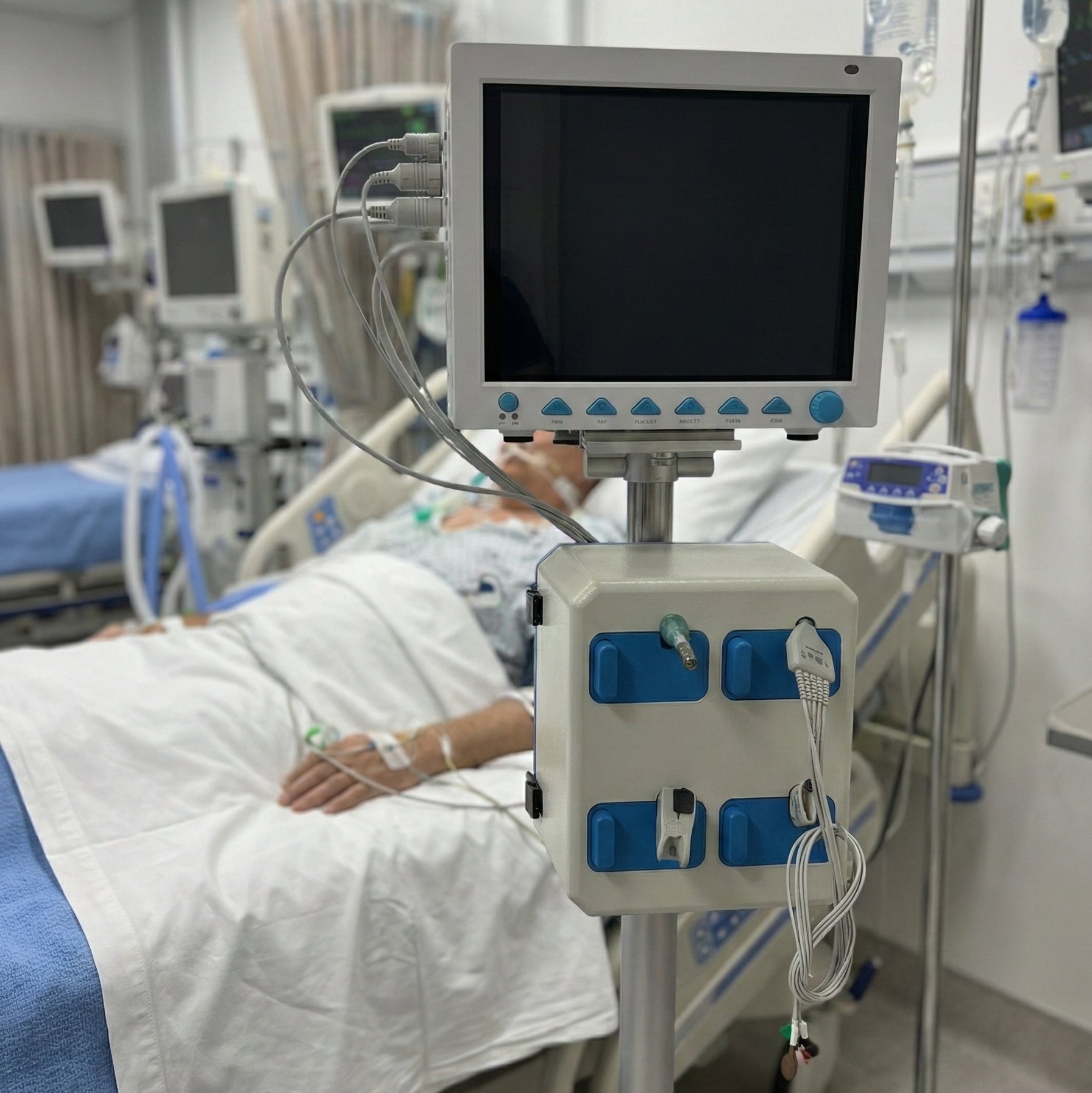 Healthcare professional using Reel Care monitoring system with patient